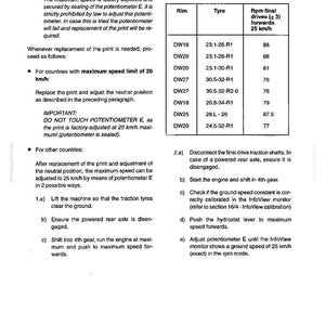 May include: A page from an electrical system manual with text and a table. The text includes instructions for adjusting the potentiometer and maximum road speed. The table lists rim and tire sizes with corresponding RPM values for a 25 km/h forward speed.