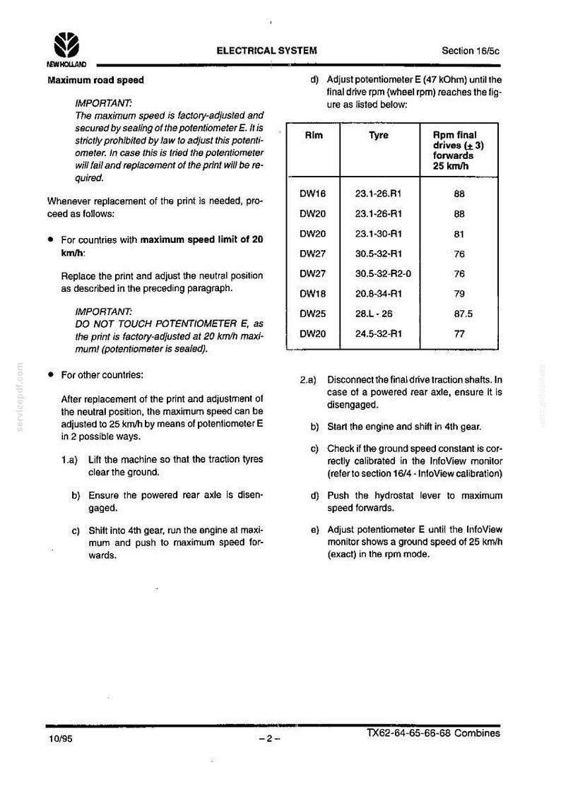 May include: A page from an electrical system manual with text and a table. The text includes instructions for adjusting the potentiometer and maximum road speed. The table lists rim and tire sizes with corresponding RPM values for a 25 km/h forward speed.