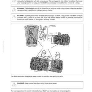 May include: A page from a manual with the title "WHEELS AND TIRES" and safety warnings. Illustrations depict potential dangers, including tire explosions. The text warns against welding tires and emphasizes the need for qualified mechanics.