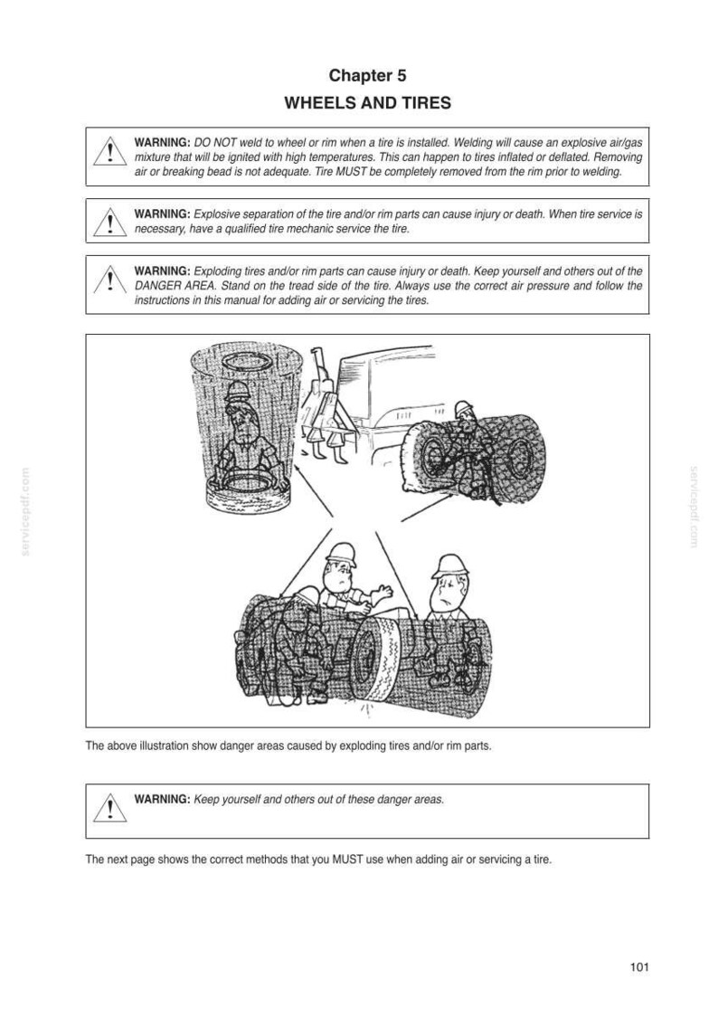 May include: A page from a manual with the title "WHEELS AND TIRES" and safety warnings. Illustrations depict potential dangers, including tire explosions. The text warns against welding tires and emphasizes the need for qualified mechanics.