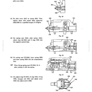May include: A technical manual page featuring five black and white line drawings labeled Fig. 48 through Fig. 52. These diagrams illustrate mechanical assembly steps for a machine, including components like pistons, O-rings, nuts, and springs with numerical labels.