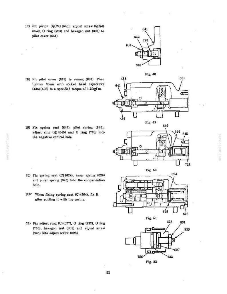 May include: A technical manual page featuring five black and white line drawings labeled Fig. 48 through Fig. 52. These diagrams illustrate mechanical assembly steps for a machine, including components like pistons, O-rings, nuts, and springs with numerical labels.