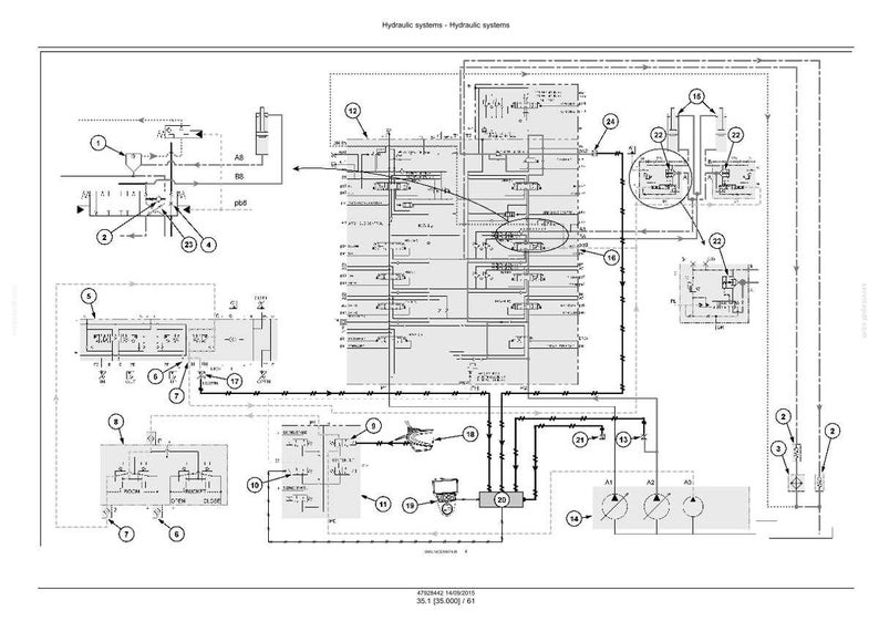 May include: Detailed technical diagram of a hydraulic system, featuring interconnected components, lines, and symbols. The diagram is in black and white, with labels and annotations throughout. The title "Hydraulic systems - Hydraulic systems" is at the top.