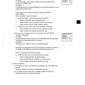 May include: A technical document page titled 13. MAINTENANCE STANDARD AND TEST PROCEDURE. It details troubleshooting steps for ERROR PUMP and ERROR UNLOAD conditions, including pressure values like 25MPa, 33-38MPa (4785-5510psi), and 10-25MPa (1450-3625psi).