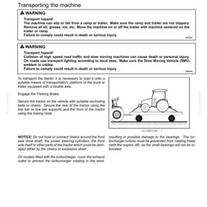 Pode incluir: Uma p&aacute;gina de documento t&eacute;cnico intitulada 5 - TRANSPORT OPERATIONS, apresentando avisos de seguran&ccedil;a sobre o transporte rodovi&aacute;rio de um trator. Inclui um desenho de linha a preto e branco de um trator fixado num reboque de eixo duplo.