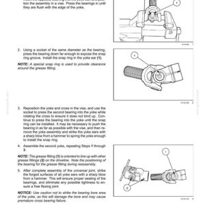May include: Diagram of a drive shaft assembly process, with numbered steps and illustrations. Includes instructions for reassembling universal joints, installing bearings, and using a hammer. Text includes warnings about grease fittings and bearing bore areas.
