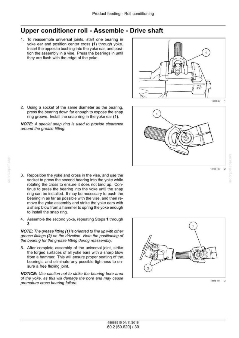 May include: Diagram of a drive shaft assembly process, with numbered steps and illustrations. Includes instructions for reassembling universal joints, installing bearings, and using a hammer. Text includes warnings about grease fittings and bearing bore areas.