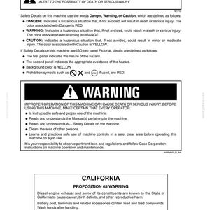 May include: A white document with safety information, including warnings about potential death or serious injury. The document features the words "Danger," "Warning," and "Caution," along with safety symbols and a California Proposition 65 warning.