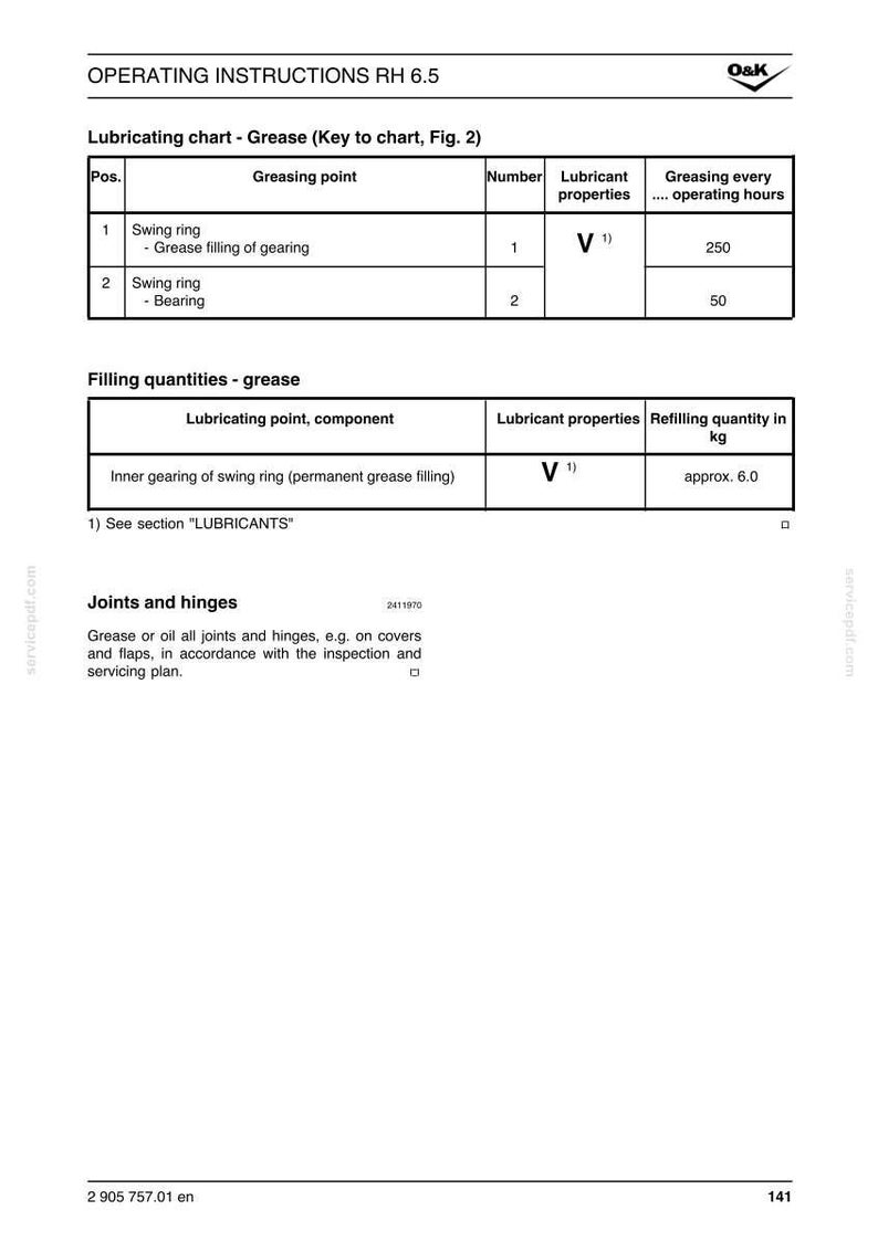 May include: A white document titled "OPERATING INSTRUCTIONS RH 6.5" with a lubricating chart and filling quantities for grease. The chart details greasing points, lubricant properties, and operating hours. The document also includes information on joints and hinges.