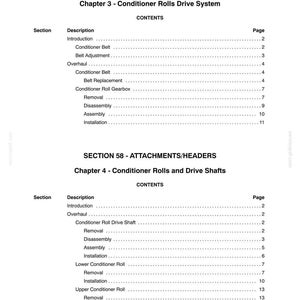 May include: A technical document page titled Section 58 - Attachments/Headers, listing contents for Chapter 3, Conditioner Rolls Drive System, and Chapter 4, Conditioner Rolls and Drive Shafts, with detailed sub-sections and corresponding page numbers.