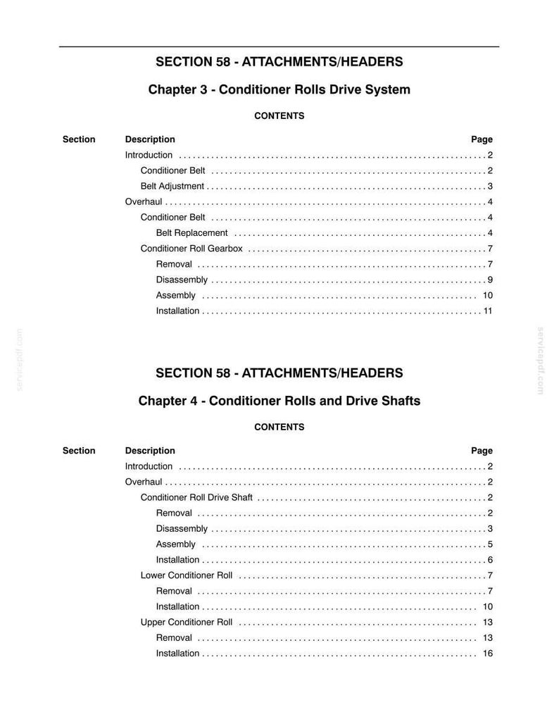 May include: A technical document page titled Section 58 - Attachments/Headers, listing contents for Chapter 3, Conditioner Rolls Drive System, and Chapter 4, Conditioner Rolls and Drive Shafts, with detailed sub-sections and corresponding page numbers.