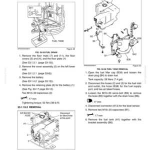 May include: A technical manual page titled Section 3 - Disassembly and Assembly Chapter 33 - Upper Slewing Structure, detailing fuel tank removal procedures with diagrams labeled Figure 42, 43, and 44, including text instructions and a 28-liter capacity.