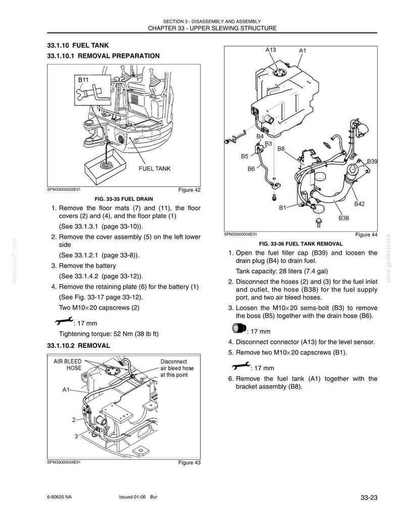 May include: A technical manual page titled Section 3 - Disassembly and Assembly Chapter 33 - Upper Slewing Structure, detailing fuel tank removal procedures with diagrams labeled Figure 42, 43, and 44, including text instructions and a 28-liter capacity.