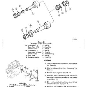 May include: Diagram of power take-off (PTO) systems, including one-way clutch disassembly and PTO shift lever removal. The image features detailed illustrations of mechanical components with labels and a list of parts.