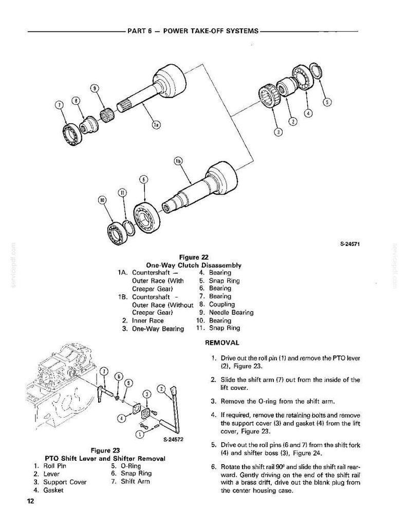 May include: Diagram of power take-off (PTO) systems, including one-way clutch disassembly and PTO shift lever removal. The image features detailed illustrations of mechanical components with labels and a list of parts.