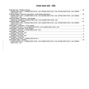 May include: A technical index page titled Electrical systems - 55 and Cold start aid - 202. The document lists various procedures for fuel pre-heaters and grid heaters, including problem solving, testing, and removal, with associated model codes.