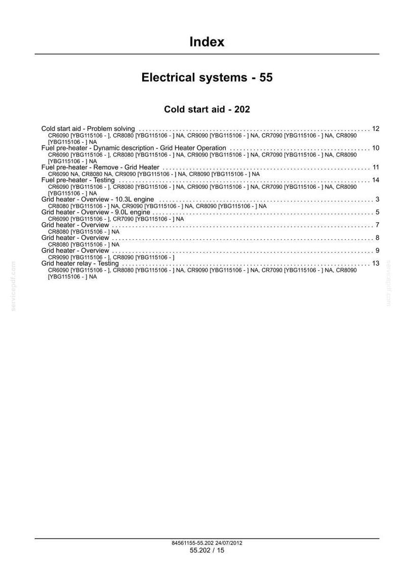 May include: A technical index page titled Electrical systems - 55 and Cold start aid - 202. The document lists various procedures for fuel pre-heaters and grid heaters, including problem solving, testing, and removal, with associated model codes.