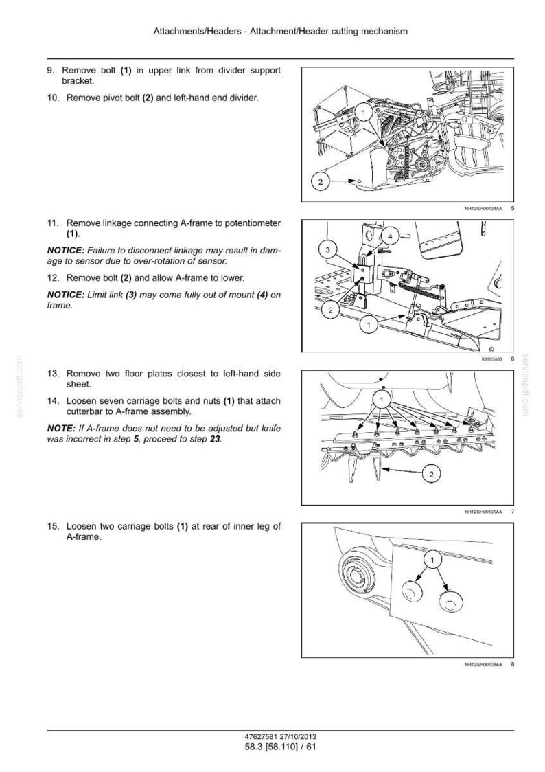May include: Diagram of an attachment/header cutting mechanism with numbered instructions. Includes close-up illustrations of bolts, brackets, and other components. Text includes removal steps and safety notices. The document is dated 27/10/2013.