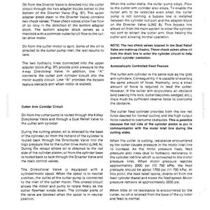 May include: A page from a manual detailing a hydraulic system, including oil flow, cutter circuits, and bypass features. Diagrams and text explain the function of valves and cylinders, with measurements in PSI and kPa.
