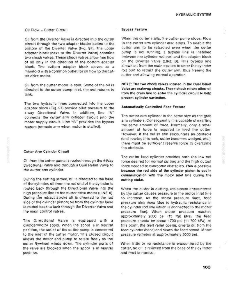 May include: A page from a manual detailing a hydraulic system, including oil flow, cutter circuits, and bypass features. Diagrams and text explain the function of valves and cylinders, with measurements in PSI and kPa.