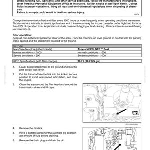 Op de afbeelding: Een pagina uit een onderhoudshandleiding met details over de service van transmissievloeistof en filter. Bevat waarschuwingen over chemische gevaren, oliespecificaties en instructies voor vloeistofwissels. De afbeelding toont ook diagrammen van de motoronderdelen.