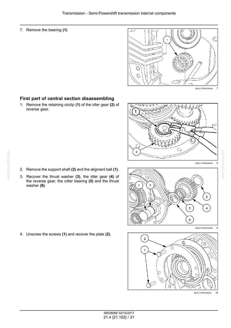 Puede incluir: Diagrama de los componentes internos de la transmisi&oacute;n semi-powershift. La imagen muestra ilustraciones detalladas del proceso de desmontaje, incluyendo la extracci&oacute;n de rodamientos, anillos de retenci&oacute;n, engranajes, arandelas y tornillos. Los diagramas est&aacute;n numerados.