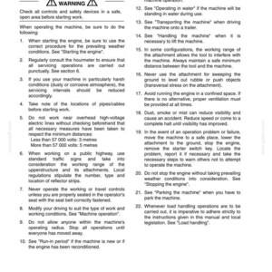 May include: A page from an operating manual with safety warnings and instructions for a machine. The text includes warnings, operating procedures, and safety guidelines for various scenarios, such as working near power lines.