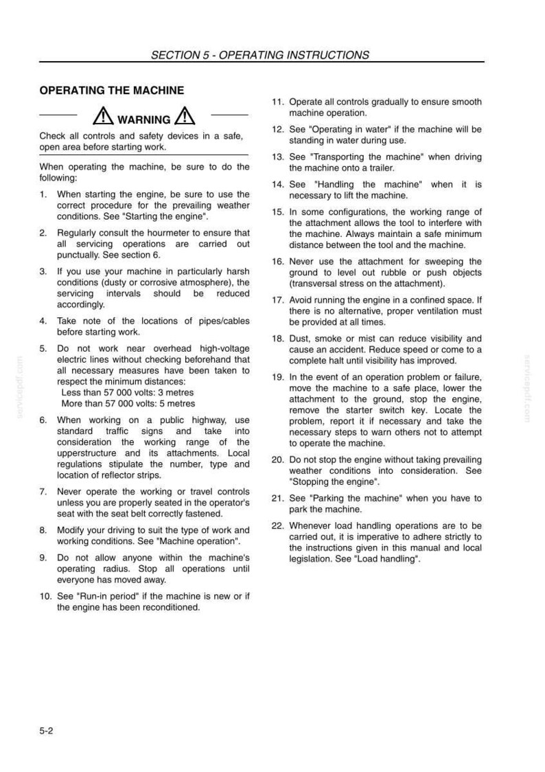 May include: A page from an operating manual with safety warnings and instructions for a machine. The text includes warnings, operating procedures, and safety guidelines for various scenarios, such as working near power lines.