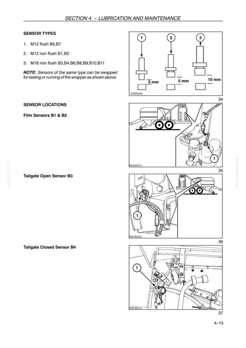 May include: Diagram illustrating sensor types and locations for lubrication and maintenance. Includes detailed drawings of M12 and M18 sensors with measurements in millimeters. The image also shows sensor locations on a machine.