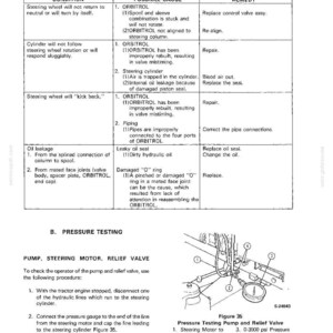 Op de afbeelding: Een technische diagram uit een handleiding met details over stuursystemen, inclusief mogelijke oorzaken en oplossingen voor problemen zoals olielekkage en stuurwielstoringen. Het diagram bevat een druktestprocedure en een gelabelde illustratie van de pomp en het ontlastventiel.