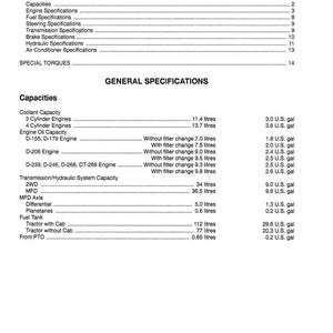 May include: A detailed table of contents and specifications for a tractor, including capacities for coolant, engine oil, and fuel tank. Measurements are provided in both liters and U.S. gallons. The document includes information on engine specifications, transmission, and brake specifications.