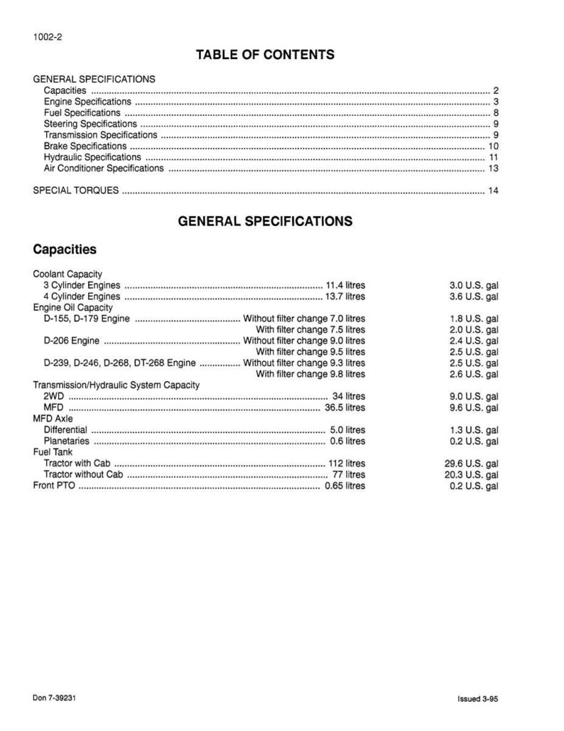 May include: A detailed table of contents and specifications for a tractor, including capacities for coolant, engine oil, and fuel tank. Measurements are provided in both liters and U.S. gallons. The document includes information on engine specifications, transmission, and brake specifications.