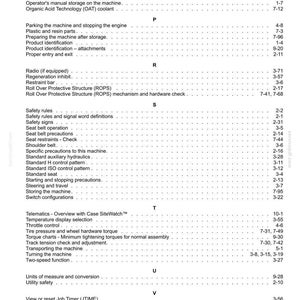 May include: A detailed table of contents from a manual, featuring various topics like safety rules, operating instructions, and maintenance procedures. The text is organized alphabetically with page numbers.
