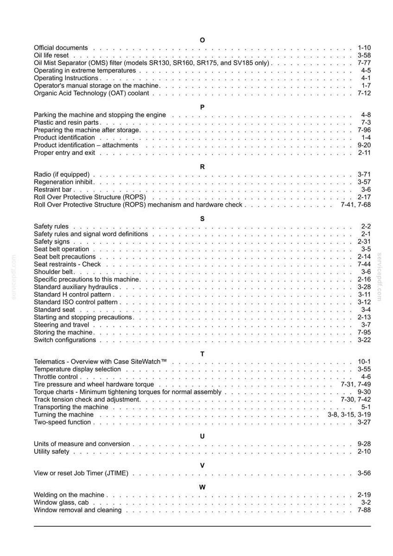 May include: A detailed table of contents from a manual, featuring various topics like safety rules, operating instructions, and maintenance procedures. The text is organized alphabetically with page numbers.