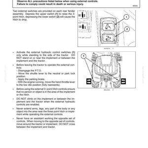 Peut inclure: Une page de manuel technique intitul&eacute;e EXTERNAL HITCH CONTROLS avec un encadr&eacute; WARNING, des instructions pour utiliser deux interrupteurs externes sur l'aile arri&egrave;re d'un tracteur, et des sch&eacute;mas num&eacute;rot&eacute;s 1 et 2 montrant leur emplacement.