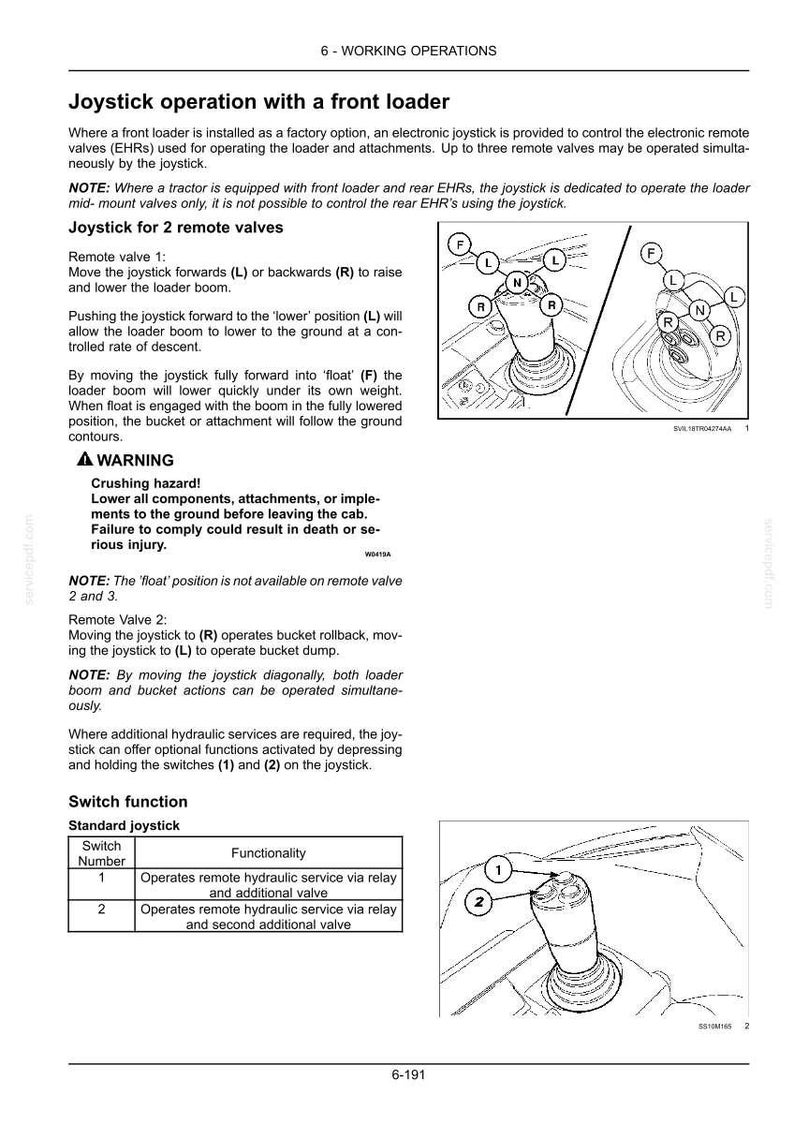 May include: A technical manual page titled 6-WORKING OPERATIONS detailing joystick operation with a front loader. It includes diagrams of a joystick with labeled positions F, L, R, N, 1, and 2, alongside text instructions and a warning about crushing hazards.