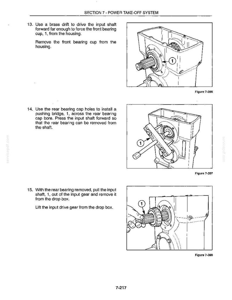 May include: A technical diagram from a manual, illustrating the power take-off system. The image shows detailed mechanical components with labels and instructions. The text includes steps for removing and installing parts, with figures labeled 7-396, 7-397, and 7-398.