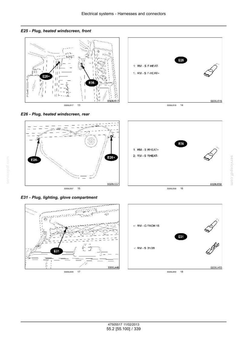 May include: Technical diagram illustrating electrical system components, including plugs for heated windscreen and glove compartment lighting. The image features detailed schematics and connector diagrams, labelled E25, E26, and E31.