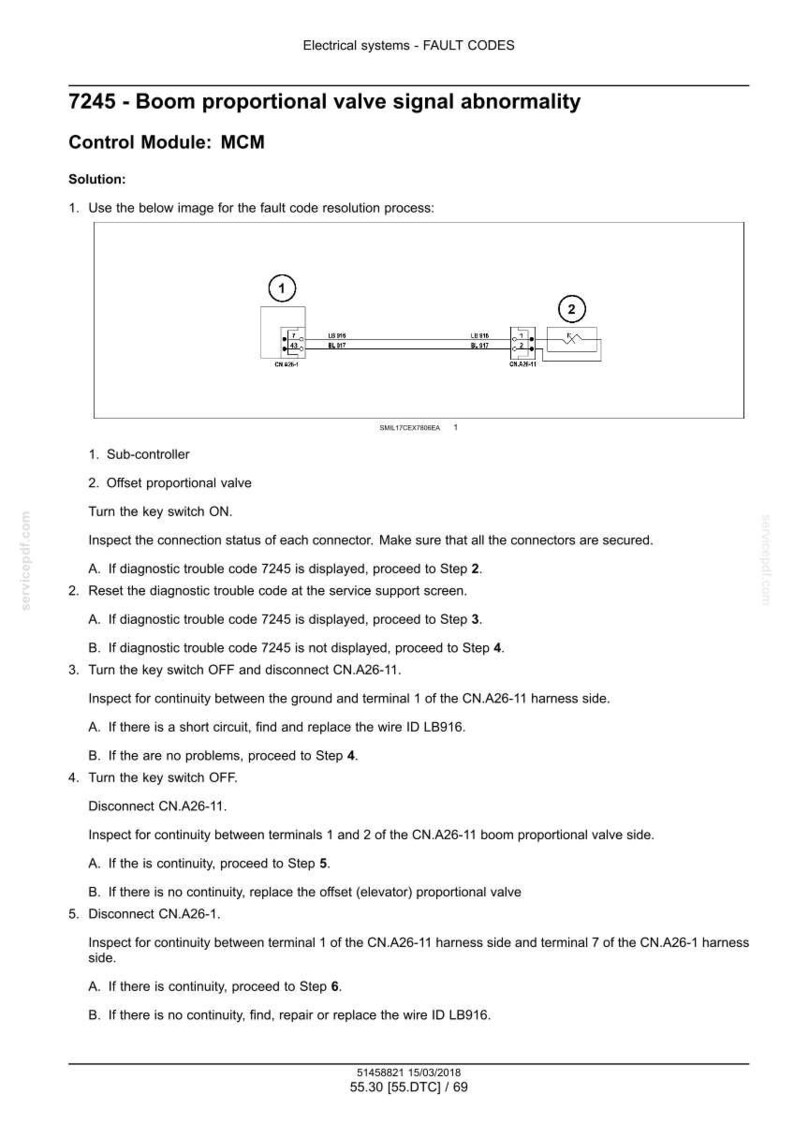 May include: Diagram illustrating fault code 7245 for a boom proportional valve signal abnormality. The image includes a wiring schematic with numbered components and troubleshooting steps. Text includes instructions for checking connections and continuity.