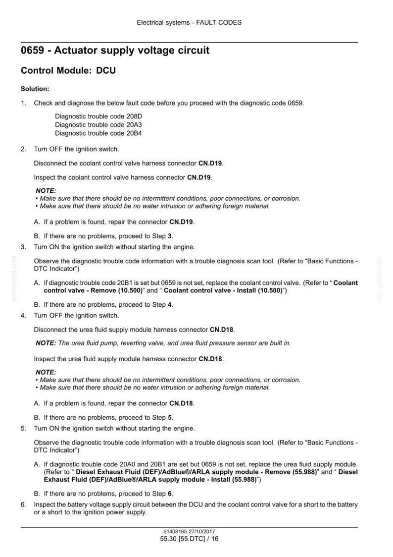 May include: Document detailing fault codes for an actuator supply voltage circuit, including diagnostic steps for the control module DCU. Includes instructions for checking connectors and replacing components. Text includes measurements in inches.