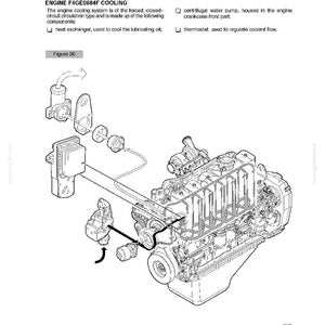 May include: Diagram of an engine cooling system, labeled "ENGINE F4GE0684F COOLING." The diagram shows the engine's components, including a heat exchanger, water pump, and thermostat. Arrows indicate water flow.