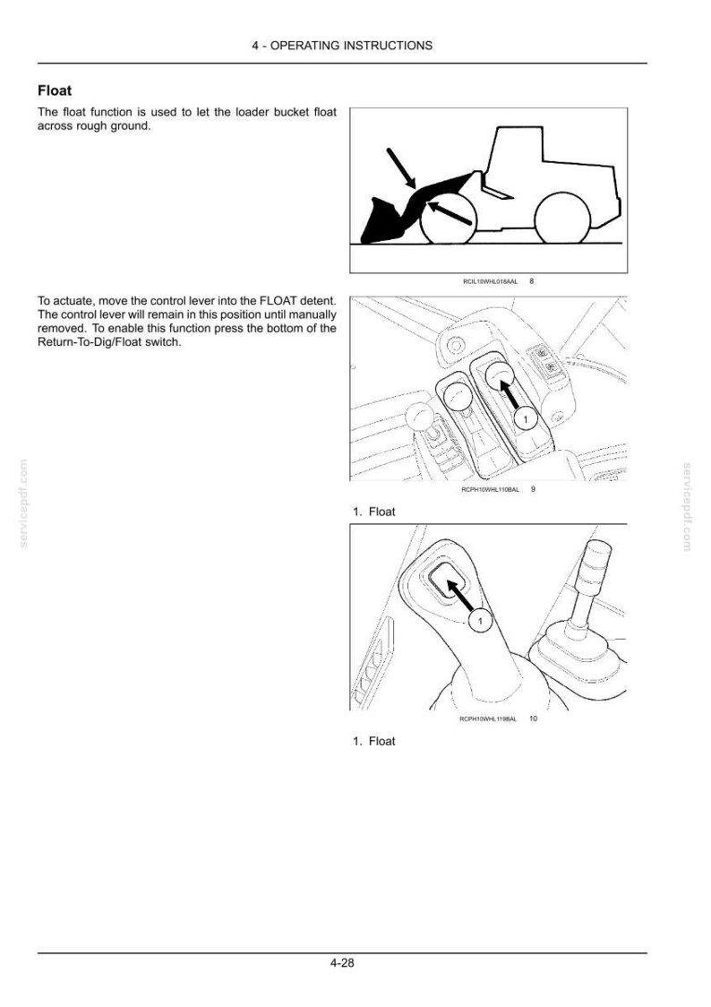 May include: Diagram illustrating the float function of a loader. The image shows a loader bucket floating across rough ground, with arrows indicating the control lever and switch operation. Text explains the function and how to activate it.