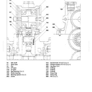May include: A technical line drawing of a hydraulic pump assembly and PTO gear case, featuring numbered components including an idle shaft, gears, bearings, and O-rings. The diagram includes a parts list with labels like M10x20 socket bolts.