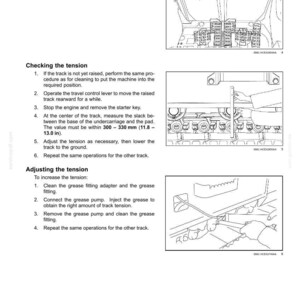 May include: Diagram from a maintenance manual showing steps for checking and adjusting track tension. Includes illustrations of components and measurements in inches. Text includes instructions and specifications.
