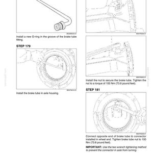May include: A technical diagram showing steps 178 through 181 for installing a brake tube into an axle housing. The instructions include installing an O-ring, securing the brake tube with a nut to 100 Nm (73.8 pound feet), and using a two-wrench method.