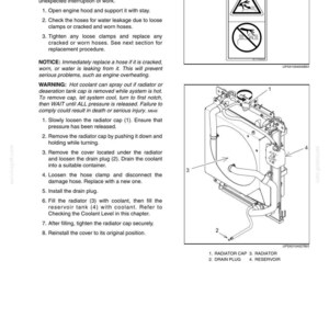 Może przedstawiać: Strona z instrukcji technicznej zatytułowana CHAPTER 6 - MAINTENANCE AND ADJUSTMENTS, zawierająca instrukcje sprawdzania węży chłodnicy, ostrzeżenie dotyczące gorącego płynu chłodzącego oraz rysunek techniczny układu.