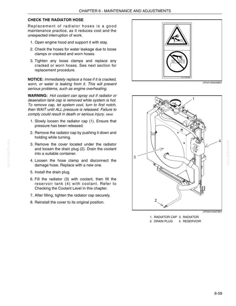 Może przedstawiać: Strona z instrukcji technicznej zatytułowana CHAPTER 6 - MAINTENANCE AND ADJUSTMENTS, zawierająca instrukcje sprawdzania węży chłodnicy, ostrzeżenie dotyczące gorącego płynu chłodzącego oraz rysunek techniczny układu.