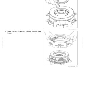 May include: Diagram showing the installation of an oil seal into a park brake front housing, followed by placing the housing onto the park brake. The image is a technical illustration with detailed mechanical components.