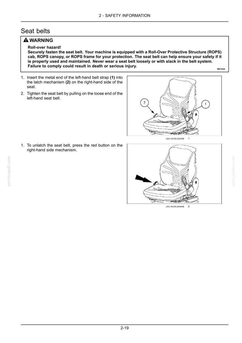 K&ouml;nnte beinhalten: Eine technische Dokumentenseite mit dem Titel 2-SAFETY INFORMATION mit Anweisungen f&uuml;r Sicherheitsgurte. Sie enth&auml;lt eine Warnung vor &Uuml;berschlaggefahren und zwei Diagramme, die einen Sitz mit Gurt, Verschlussmechanismus und rotem Knopf zeigen.