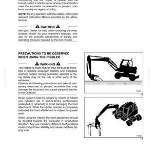 May include: A page from a manual titled "Nibbler" with text and diagrams. The text provides instructions and safety precautions for using a nibbler attachment on an excavator. Diagrams show the nibbler in use.
